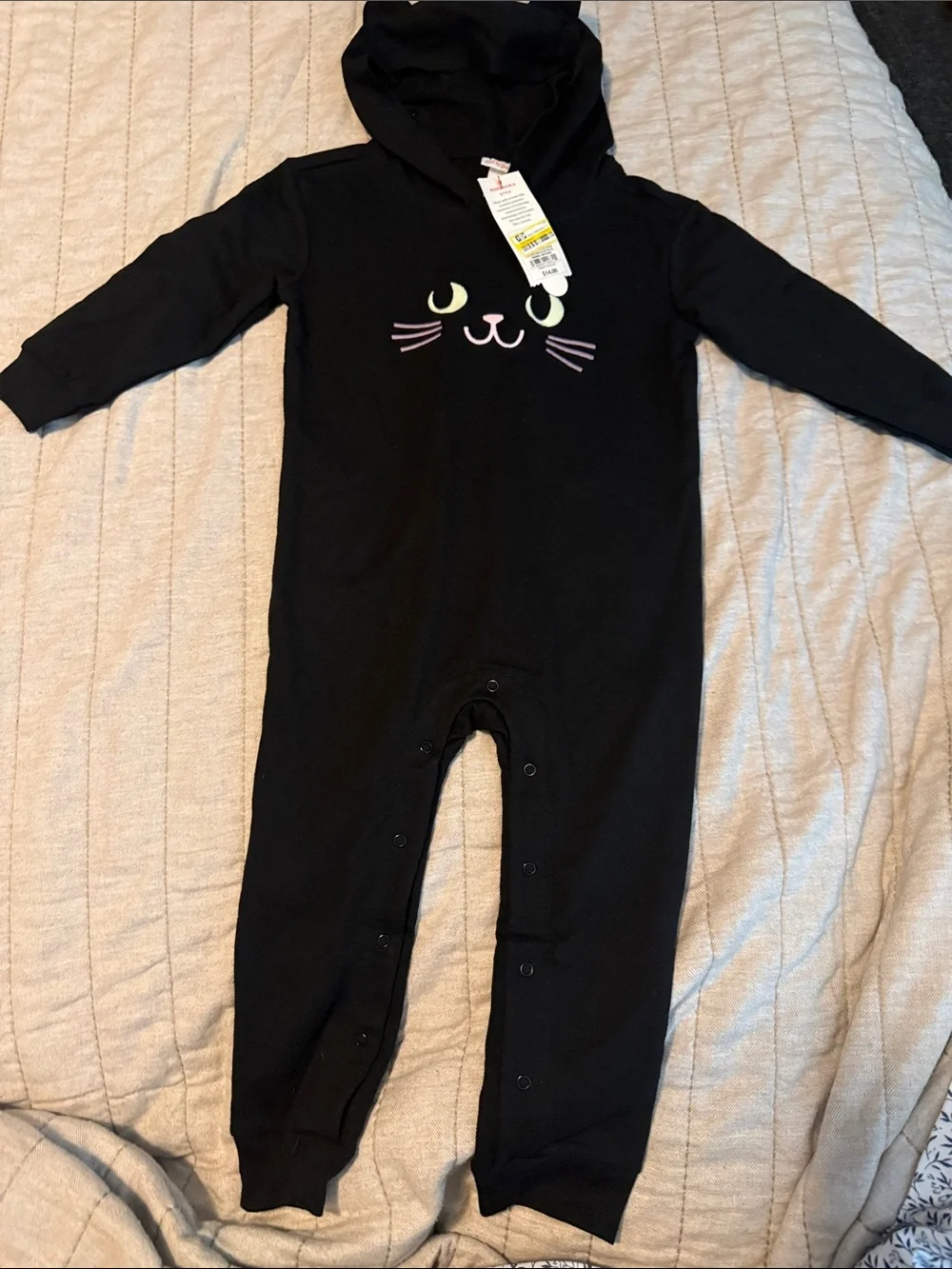 Cat & Jack Black Hooded One-Piece with Pastel Cat Face